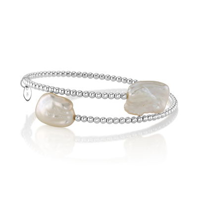 18K Gold White Baroque Freshwater Pearl Beaded Bangle Mira Bracelet
