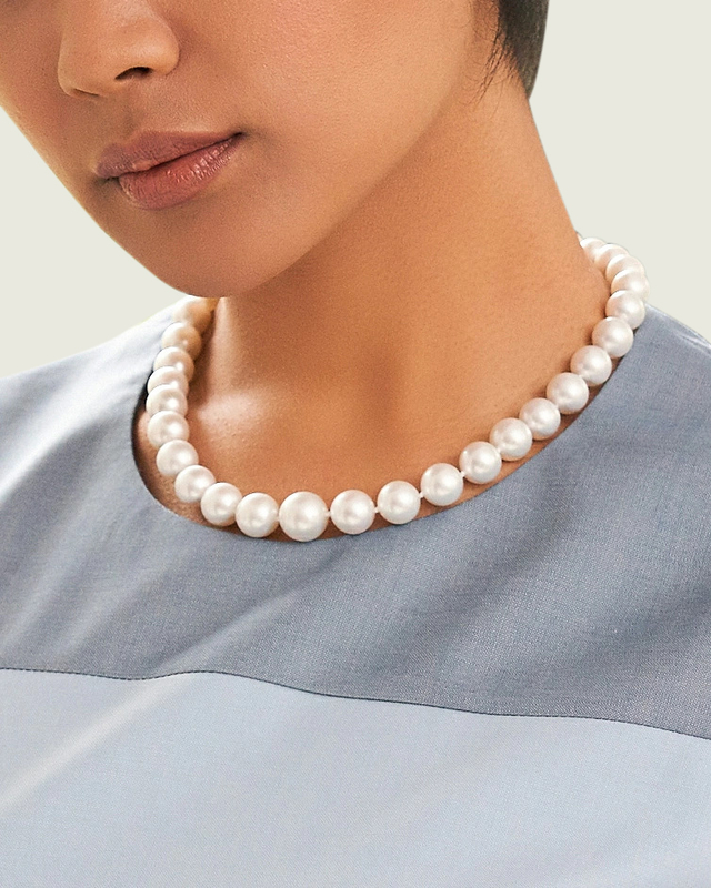 10-12.5mm White South Sea Round Pearl Necklace - AAA Quality - Model Image