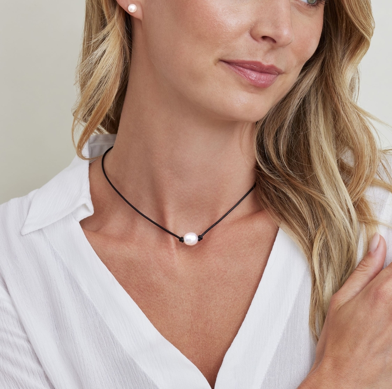 White South Sea Baroque Pearl Leather Necklace - Model Image