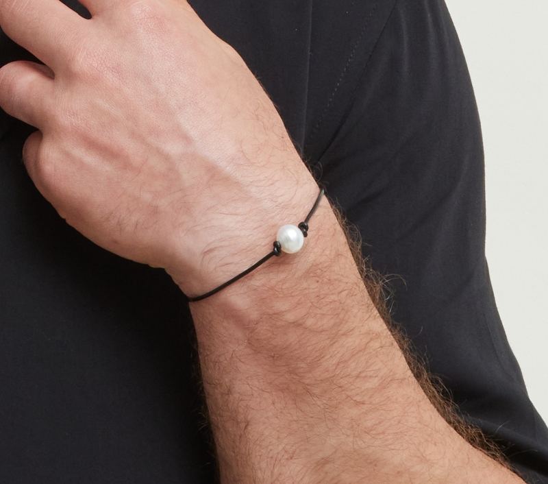 11mm White South Sea Baroque Pearl Leather Bracelet for Men - Model Image