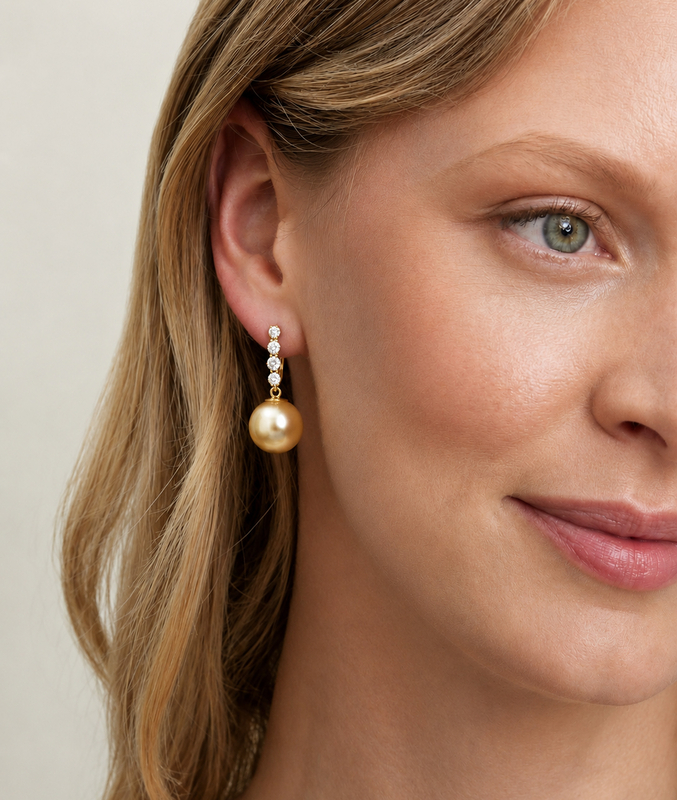 Golden South Sea Pearl & Diamond Belle Earrings - Model Image