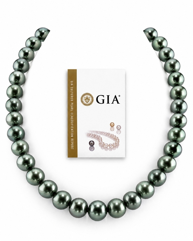 11-13mm Rare AAAA Quality Green Tahitian Round Pearl Necklace - GIA Certified