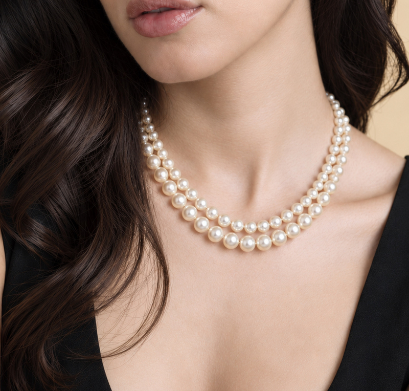 3.0-8.0mm White Freshwater Pearl Graduated Double Strand Necklace - Model Image