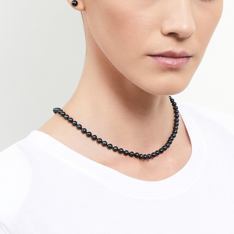 5.0-5.5mm Japanese Akoya Black Pearl Necklace - AAA Quality - Model Image