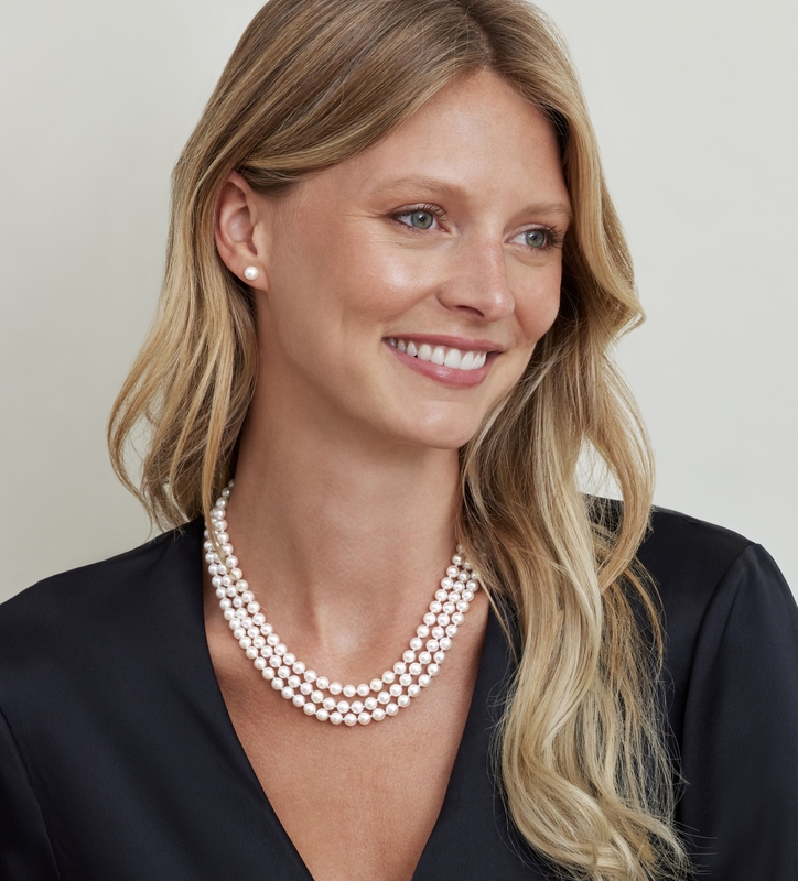 Triple Strand White Akoya Pearl Necklace - Secondary Image