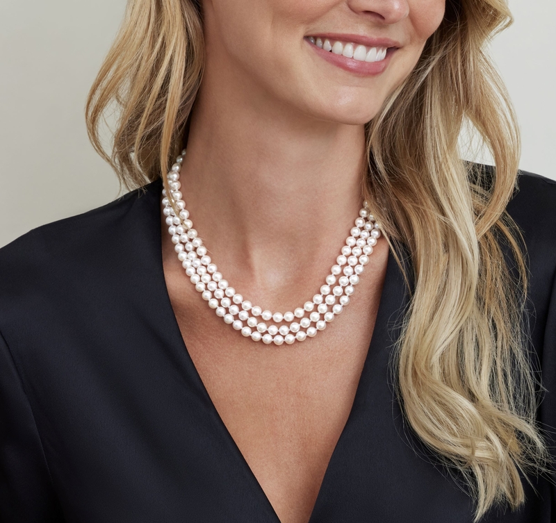 Triple Strand White Akoya Pearl Necklace - Model Image