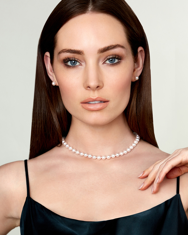 7.5-8.0mm Japanese White Akoya Pearl Necklace & Earrings - Model Image