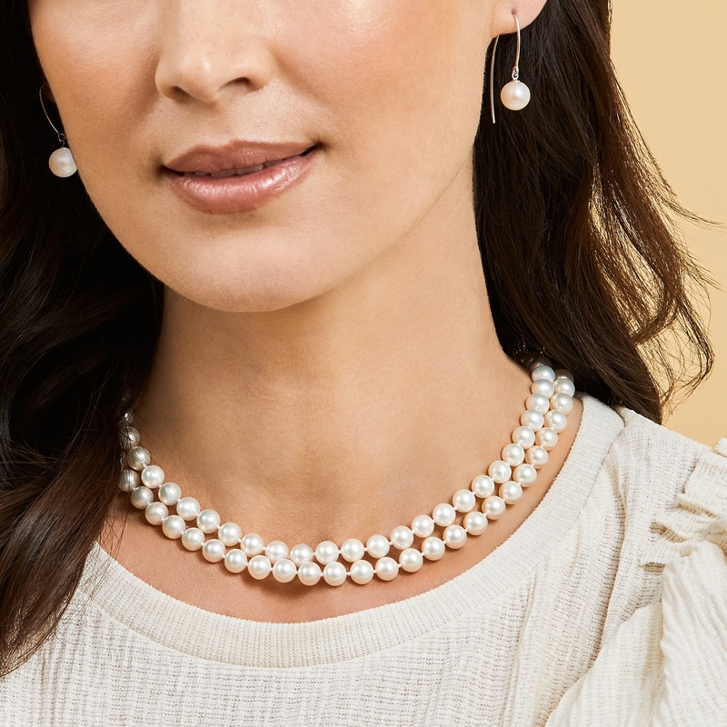 6.5-7.0mm White Freshwater Pearl Double Strand Necklace - Model Image