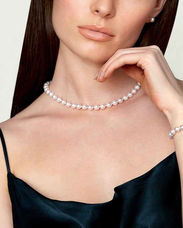 8.0-8.5mm Japanese White Akoya Pearl Necklace & Earrings - Model Image