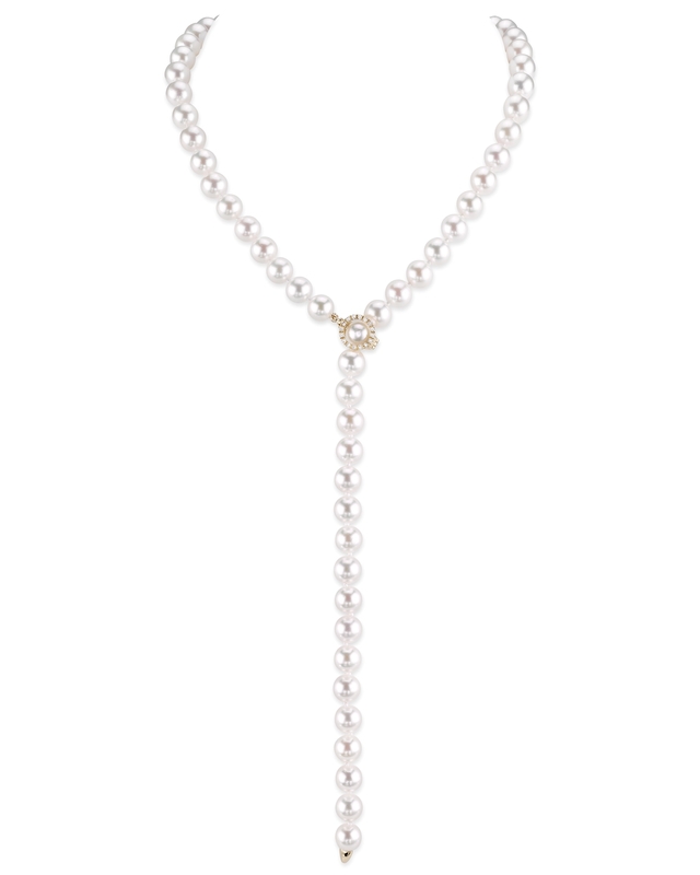 8.0-8.5mm White Freshwater Pearl & Diamond Adjustable lariat Y-Shape Necklace- AAAA Quality - Third Image
