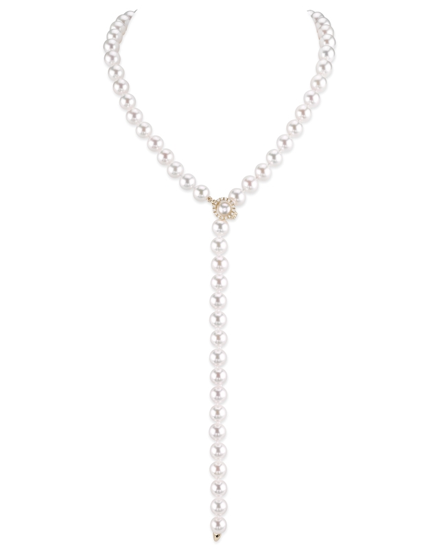 8.0-8.5mm White Freshwater Pearl & Diamond Adjustable lariat Y-Shape 51 Inch Necklace- AAAA Quality - Third Image