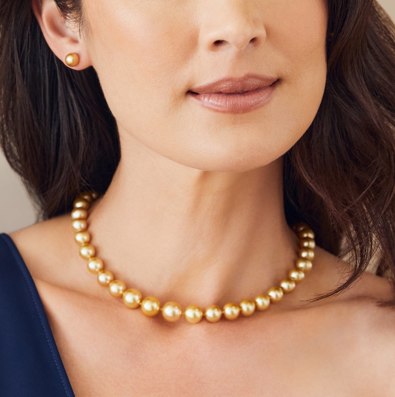 10-12mm Golden South Sea Pearl Necklace - AAAA Quality - Model Image