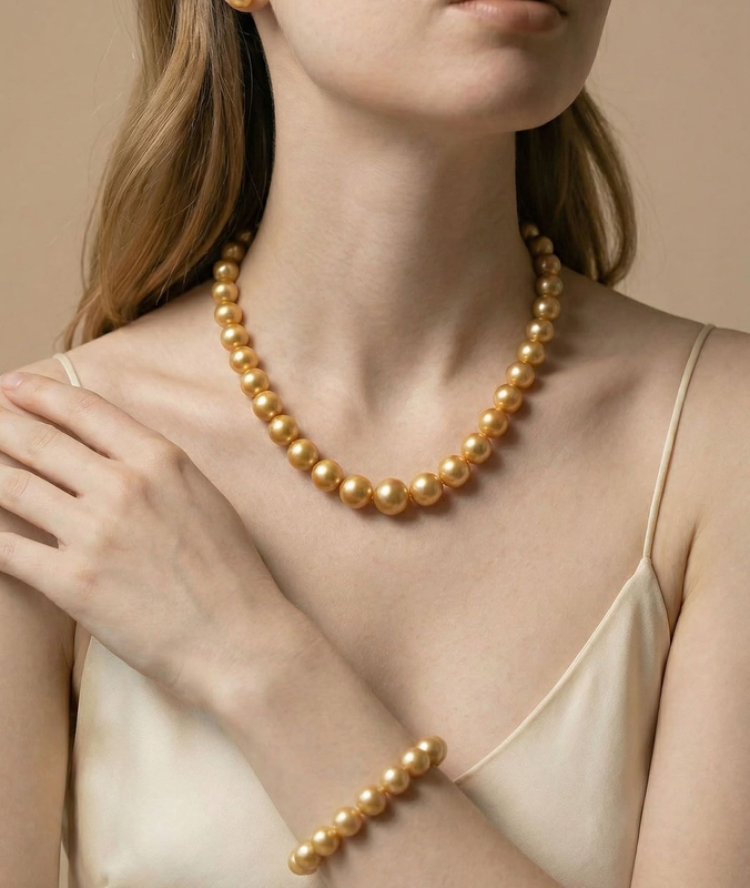 8-10mm Golden Round South Sea Pearl Set - AAAA Quality - Model Image