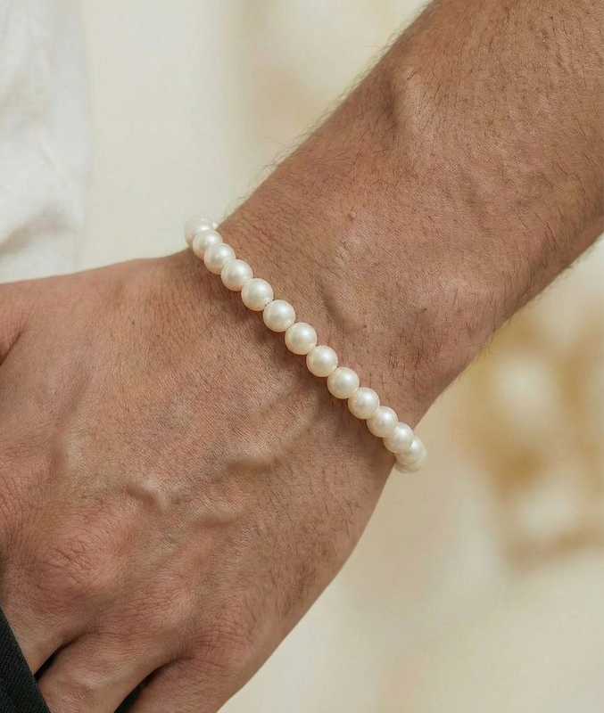 7.5-8.5mm White Freshwater Pearl Adjustable Bracelet for Men - Third Image