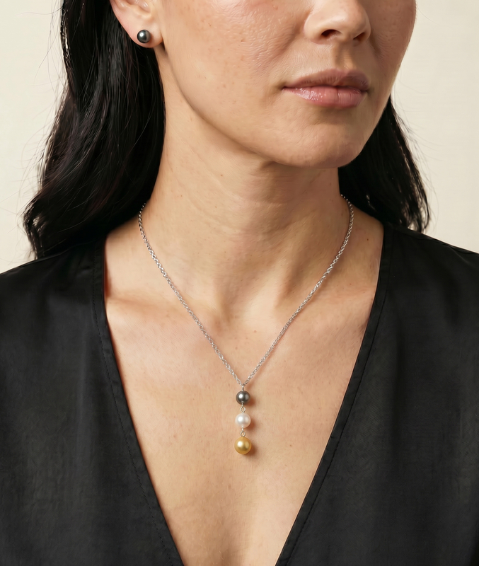 South Sea Multicolor Pearl Triple Drop Pearl Pendant - Model Image