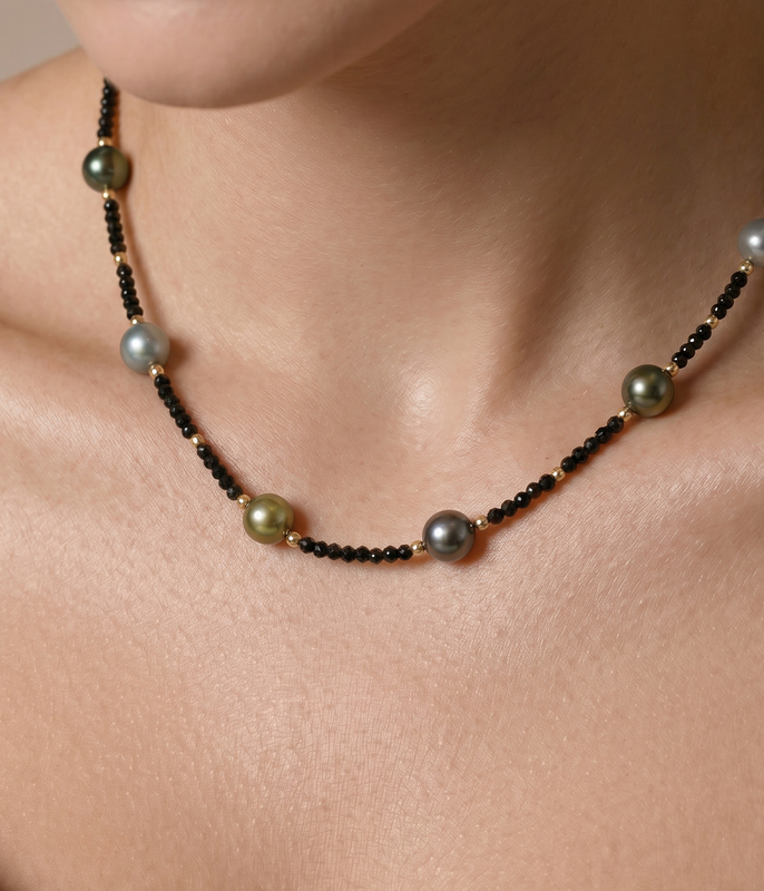 10-11mm Tahitian South Sea Multicolor Pearl & Gemstone Necklace - Secondary Image