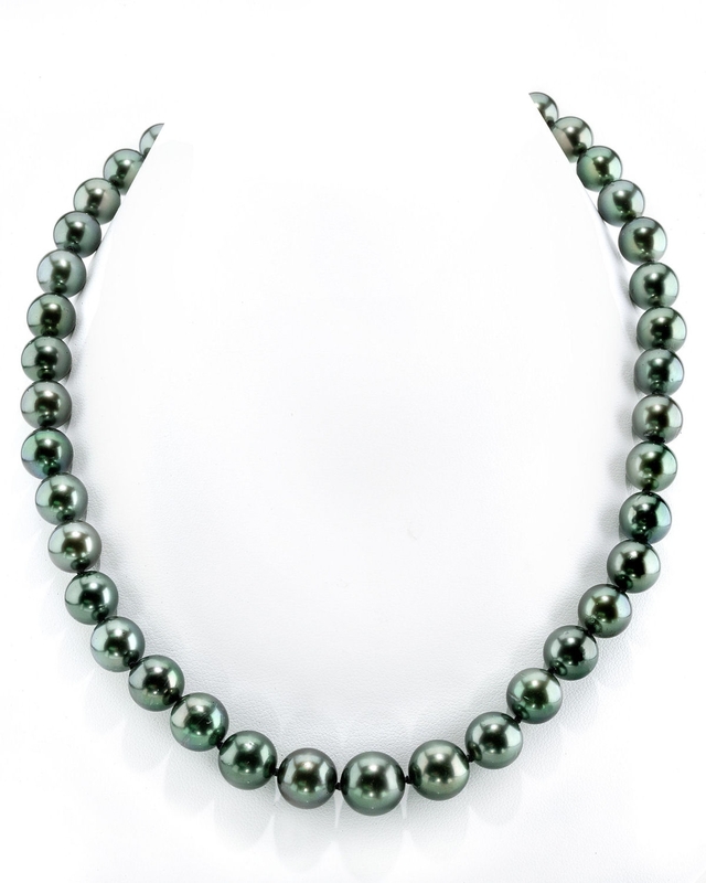 11-13mm Rare AAAA Quality Green Tahitian Round Pearl Necklace - GIA Certified