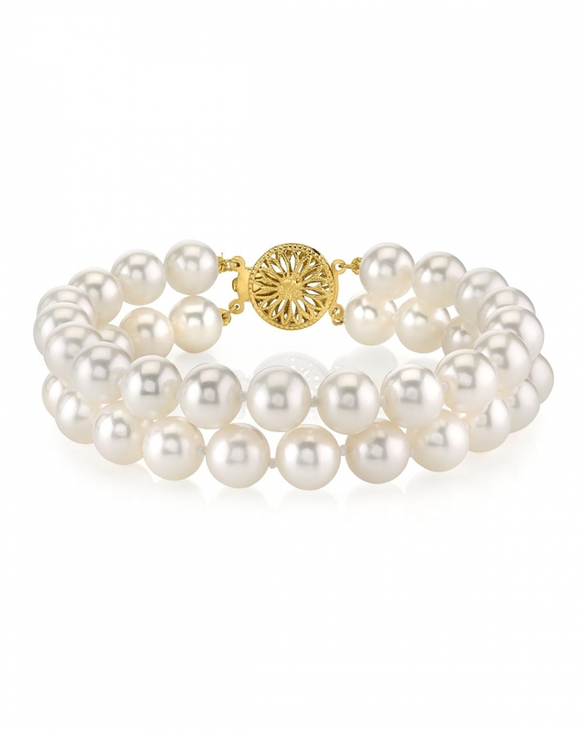 7.0-7.5mm White Freshwater Double Pearl Bracelet with 14K Gold Clasp - Third Image