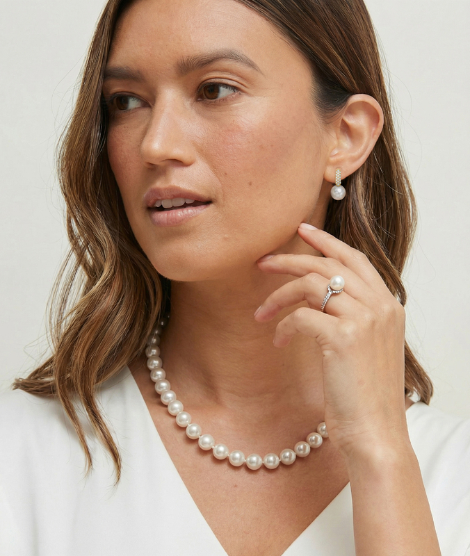 White South Sea Pearl & Diamond Huggie Emily Earrings - Model Image