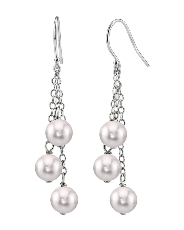 14K Gold White Akoya Pearl Dangle Cluster Earrings