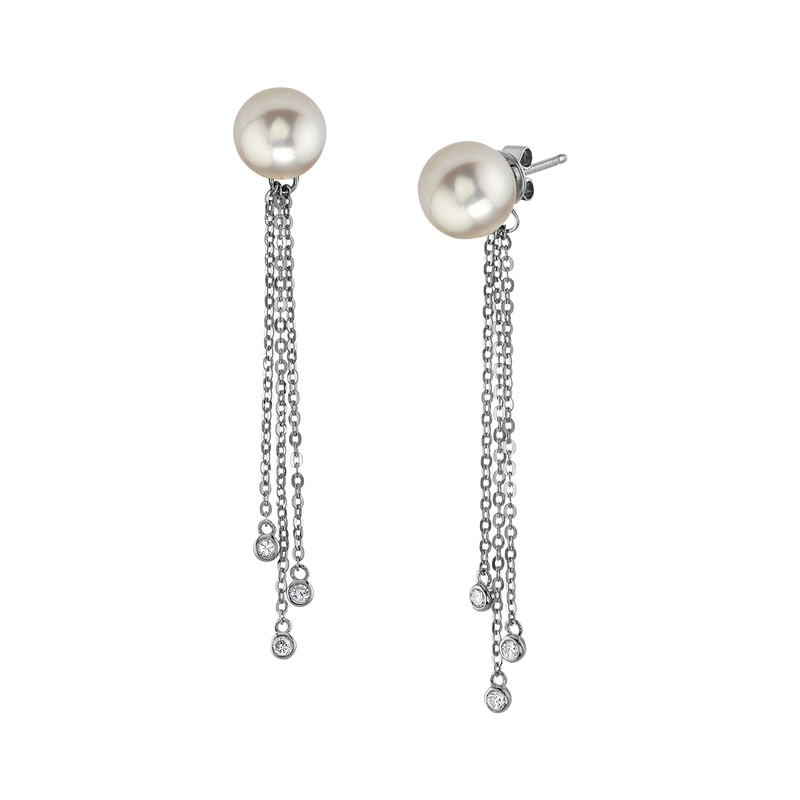 Japanese Akoya Pearl Threader Diamond Tear Earrings