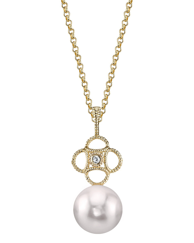 14K Gold Akoya Pearl & Diamond Lacy Pendant - Third Image