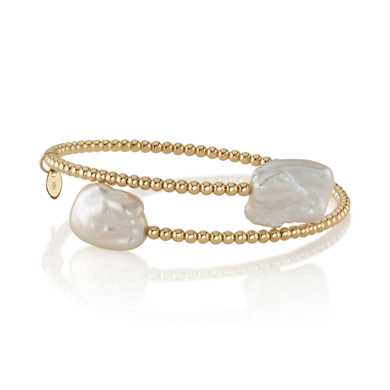 14K Gold White Baroque Freshwater Pearl Beaded Bangle Mira Bracelet