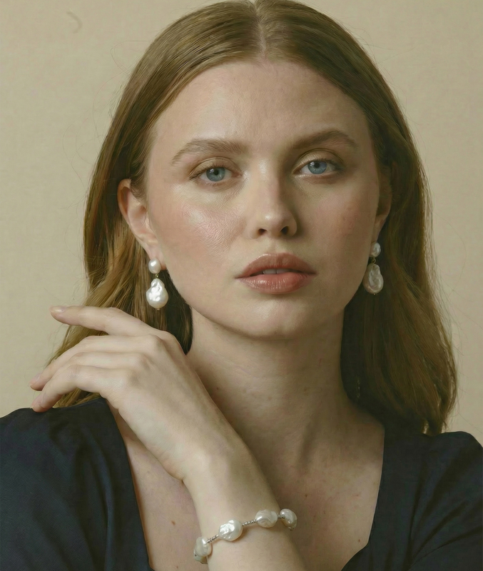 18K Gold White Baroque Freshwater Pearl Beaded Bangle Billie Bracelet - Model Image