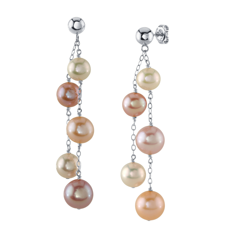 14K Gold Double Freshwater Multicolor Pearl Dangling Cluster Earrings