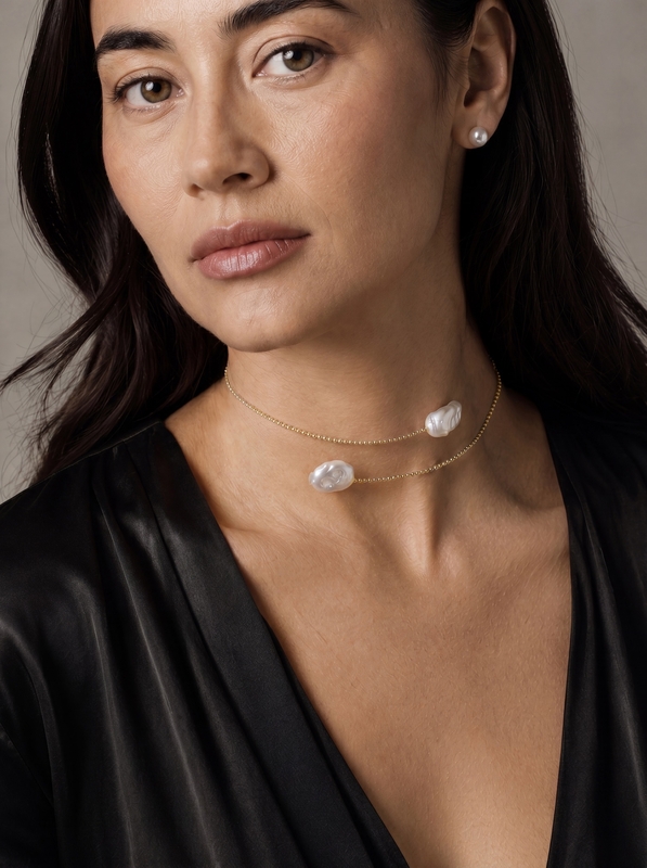 14K Gold White Baroque Freshwater Pearl Beaded Bangle Mira Necklace - Secondary Image