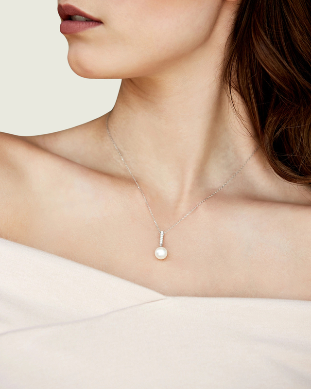 Akoya Pearl Dangling Diamond Pendant- Choose Your Pearl Color - Model Image