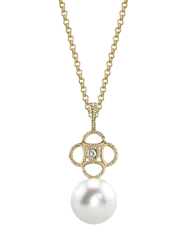 14K Gold Freshwater Pearl & Diamond Lacy Pendant - Third Image