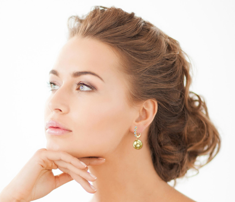 Golden South Sea Pearl & Diamond Belle Earrings - Model Image