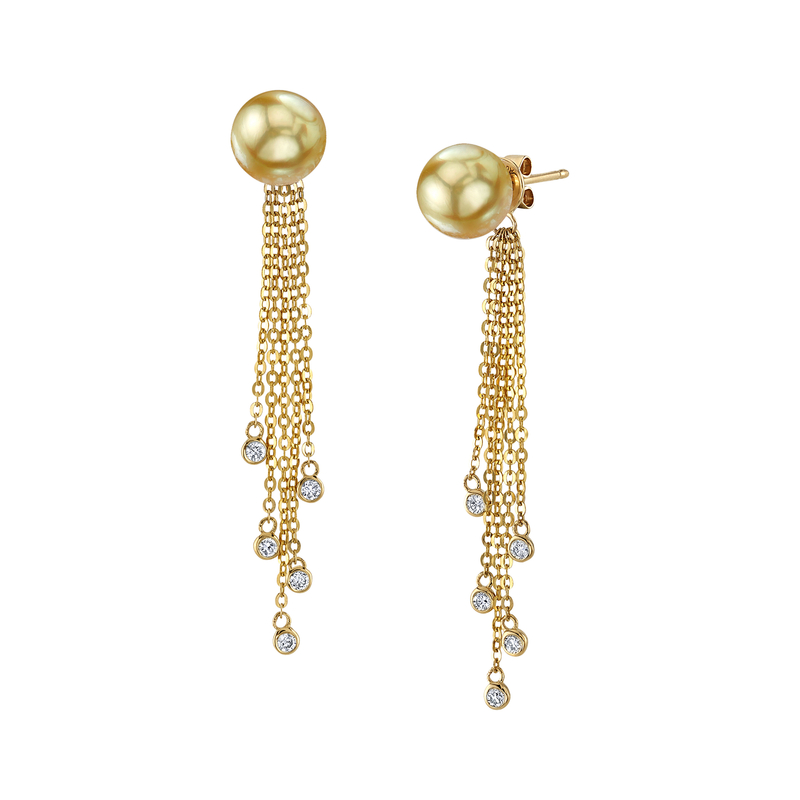 Golden South Sea Pearl Threader Diamond Double Tear Earrings