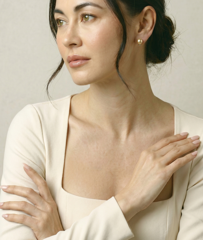 Golden South Sea Pearl & Diamond Sasha Earrings - Model Image