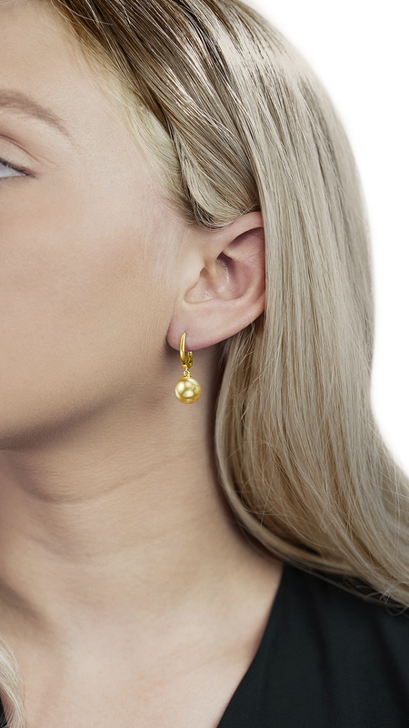 Golden South Sea Pearl Huggie Mary Earrings - Model Image