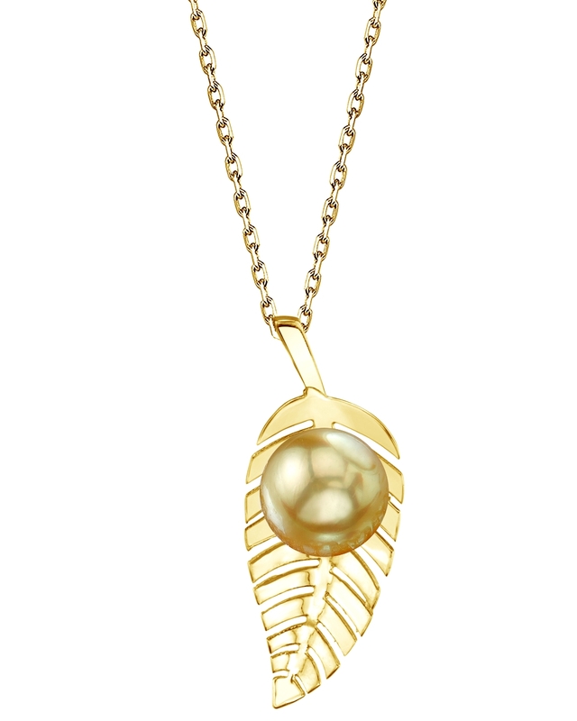 14K Gold Golden South Sea Pearl Leaf Pendant