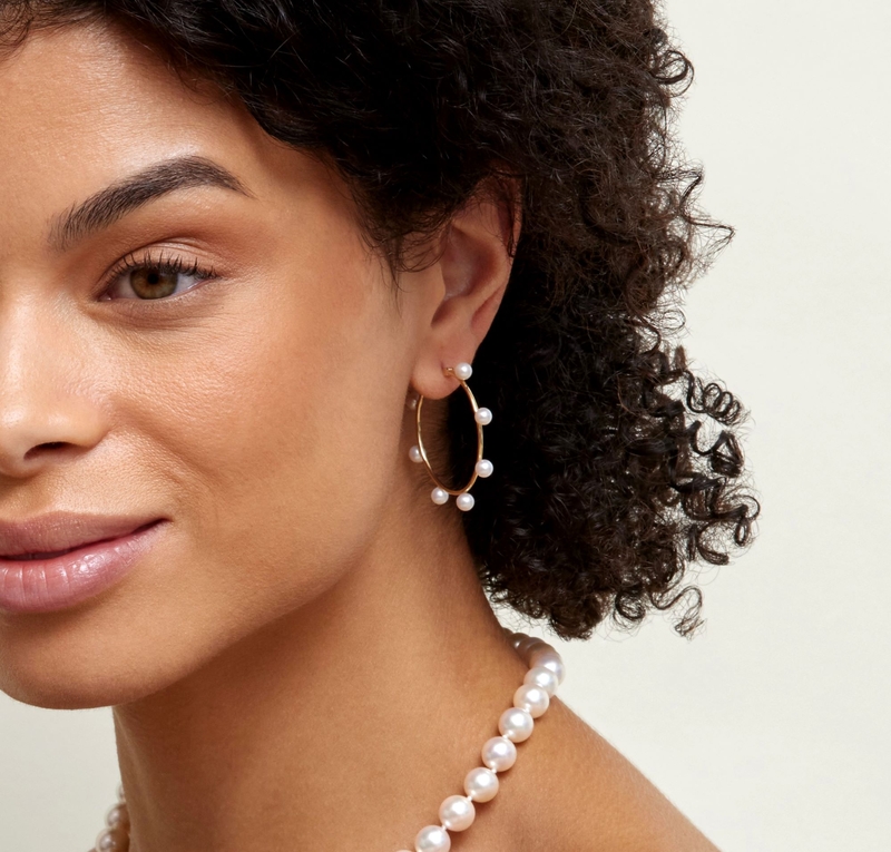 White Freshwater Pearl Hoop Kylie Earrings - Model Image