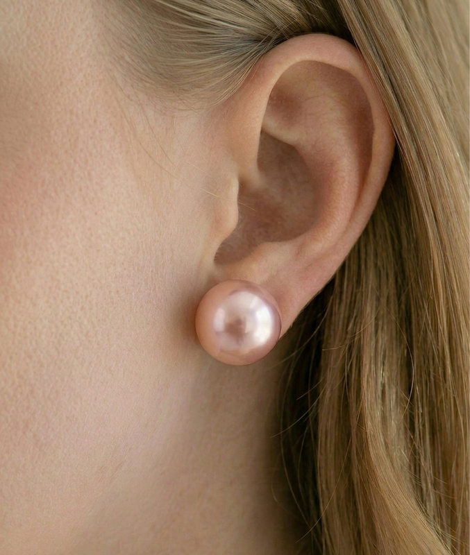 13mm Pink Freshwater Round Pearl Stud Earrings - Secondary Image