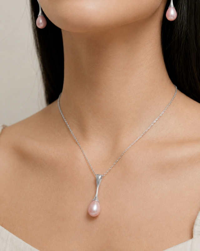 Pink Freshwater Pearl Long Teardrop Pendant - Model Image
