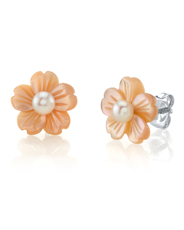 White Freshwater Button-Shape Cultured Pearl on Mother of Pearl Flower Lotus Earrings