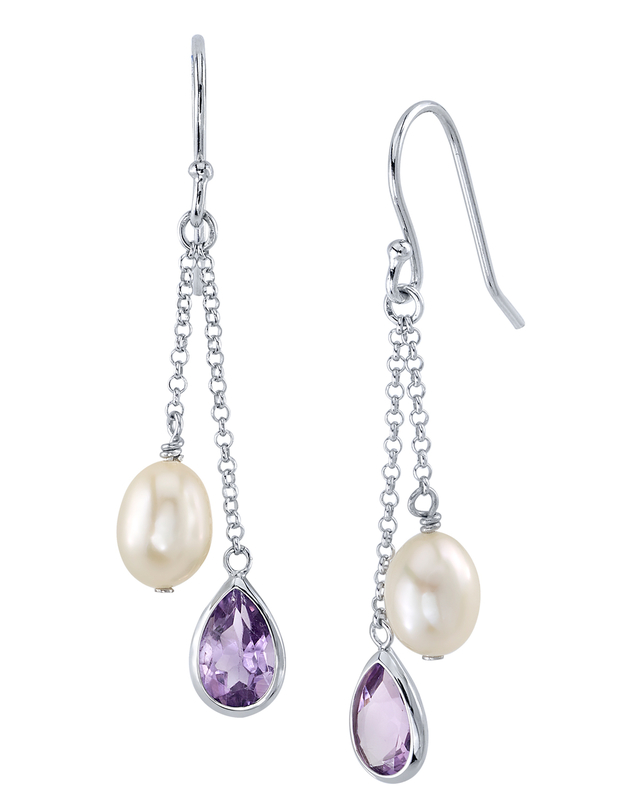 White Freshwater Drop-Shape Cultured Pearl & amethyst Earrings