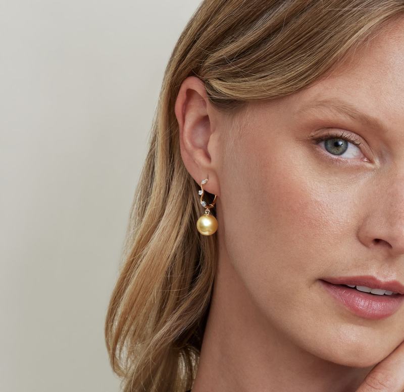 Golden South Sea Pearl & Diamond Hoop Sophie Earrings - Model Image