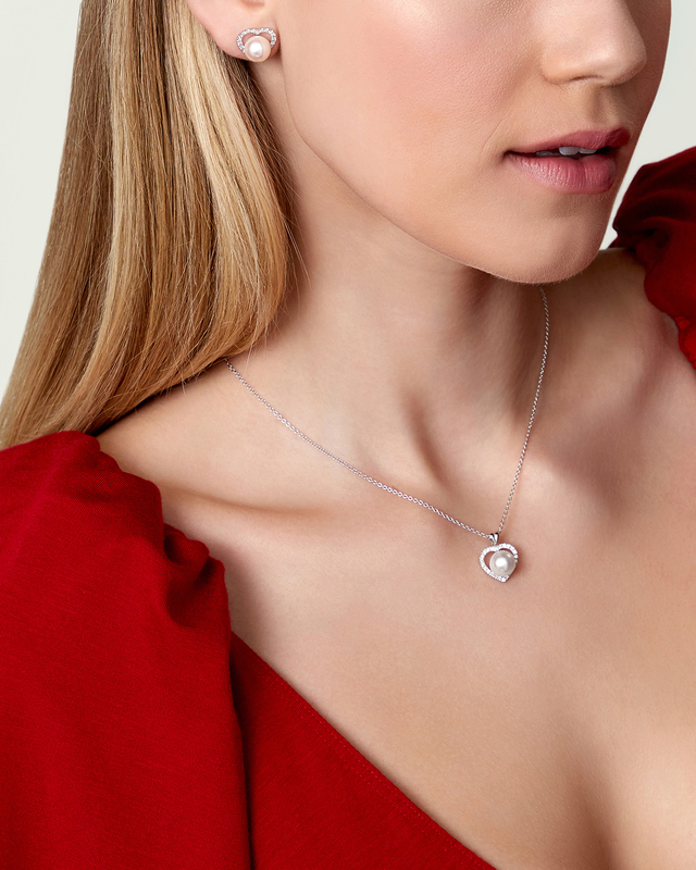 White South Sea Pearl & Diamond Heart Amour Pendant - Model Image