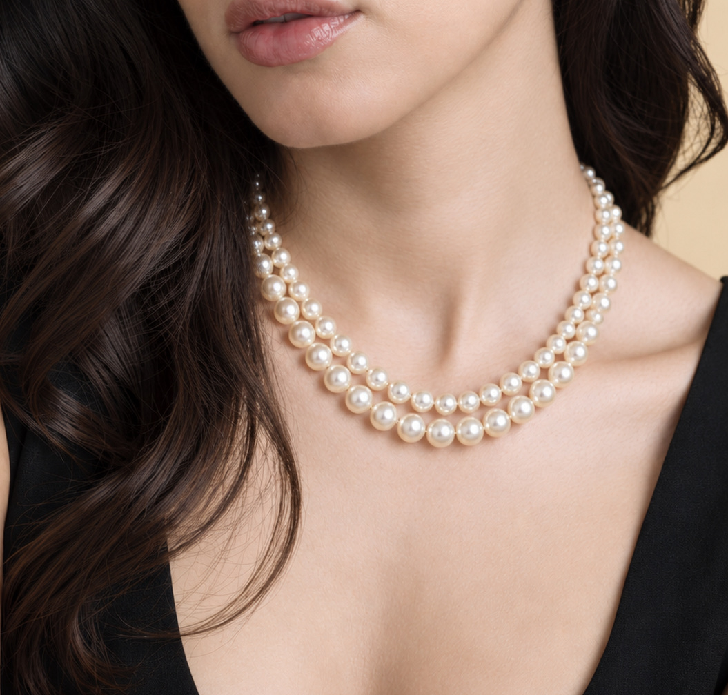 3.0-8.0mm White Freshwater Pearl Graduated Double Strand Necklace - Model Image