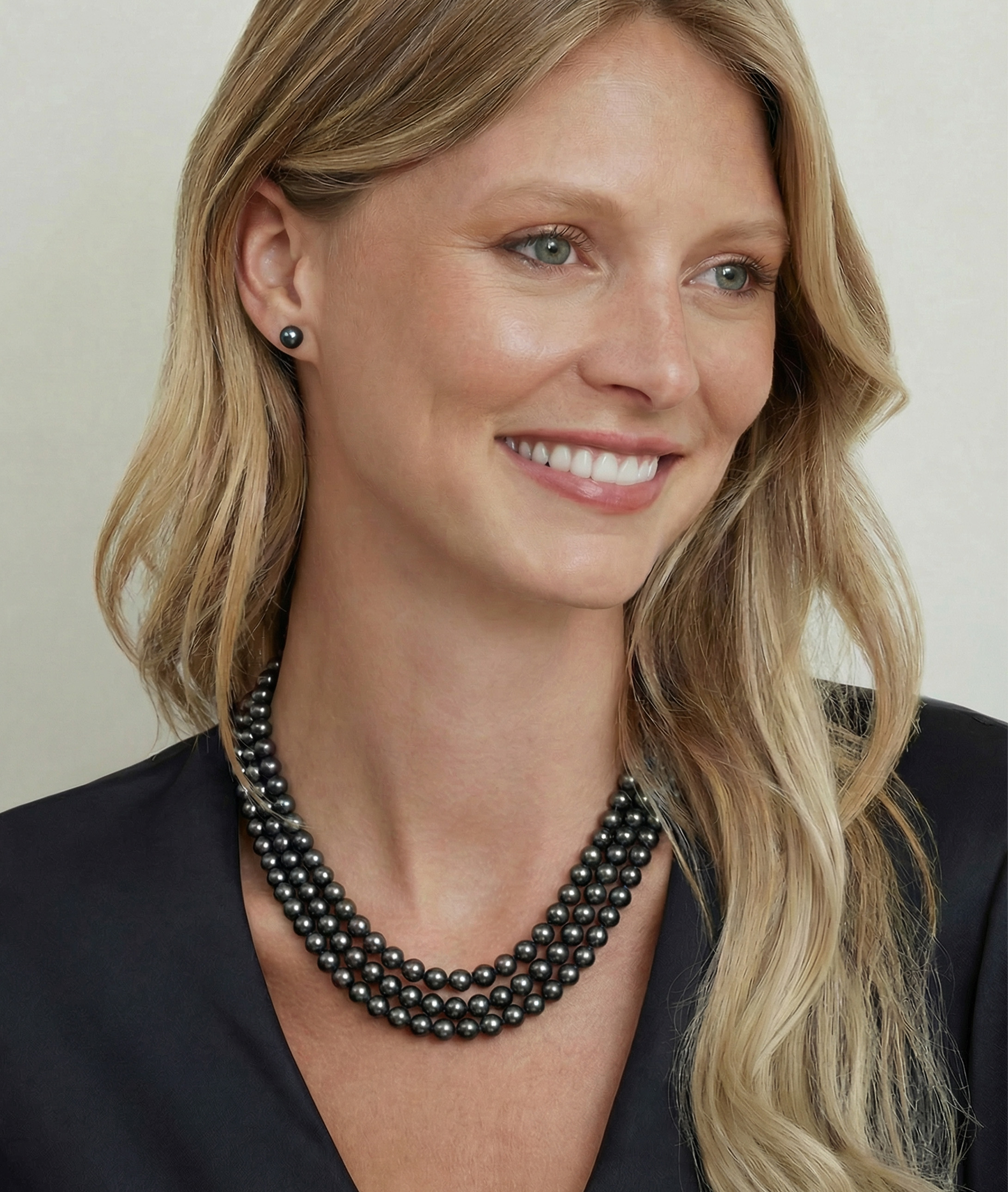 Triple Strand Black Akoya Pearl Necklace - Model Image