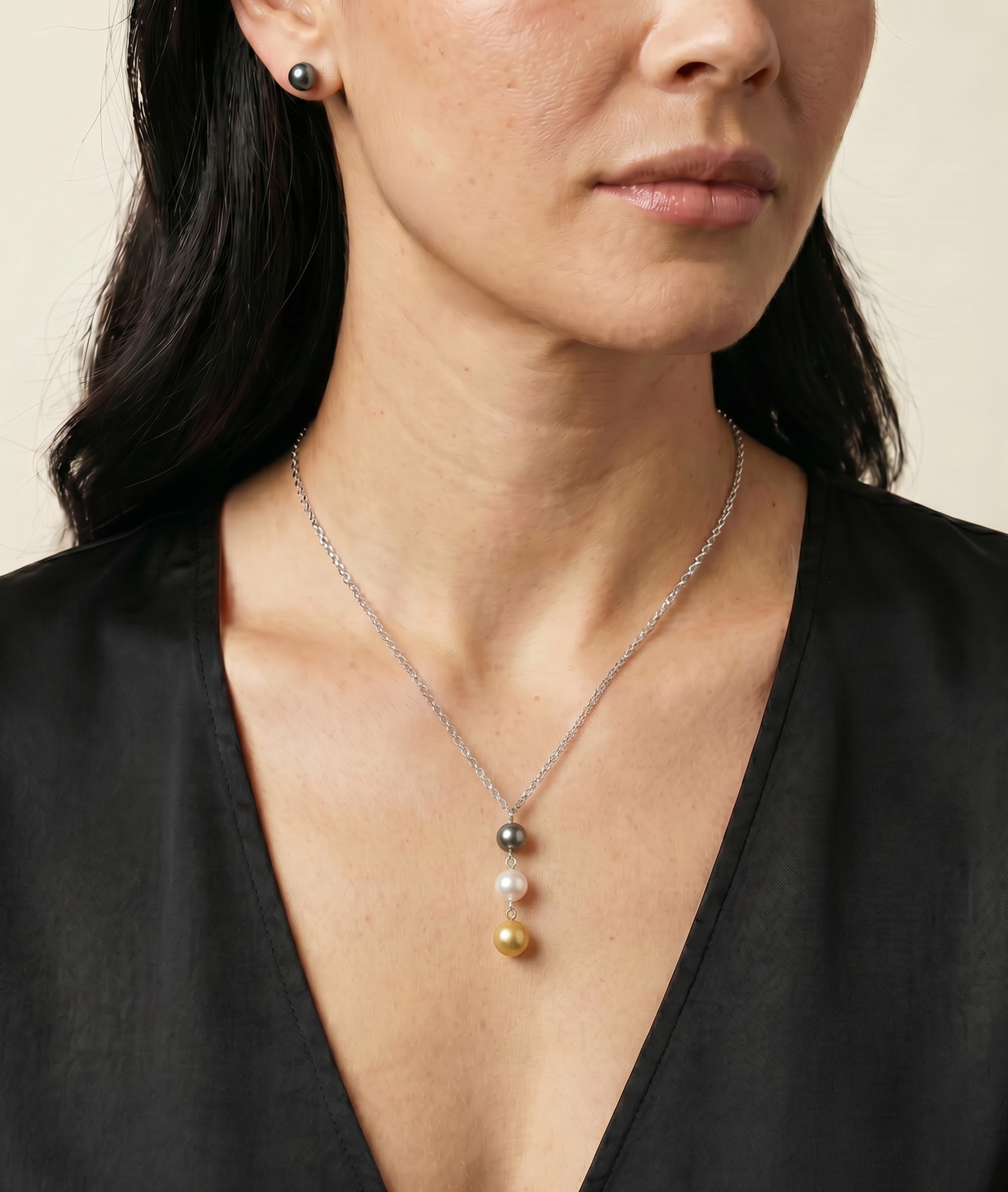 South Sea Multicolor Pearl Triple Drop Pearl Pendant - Model Image