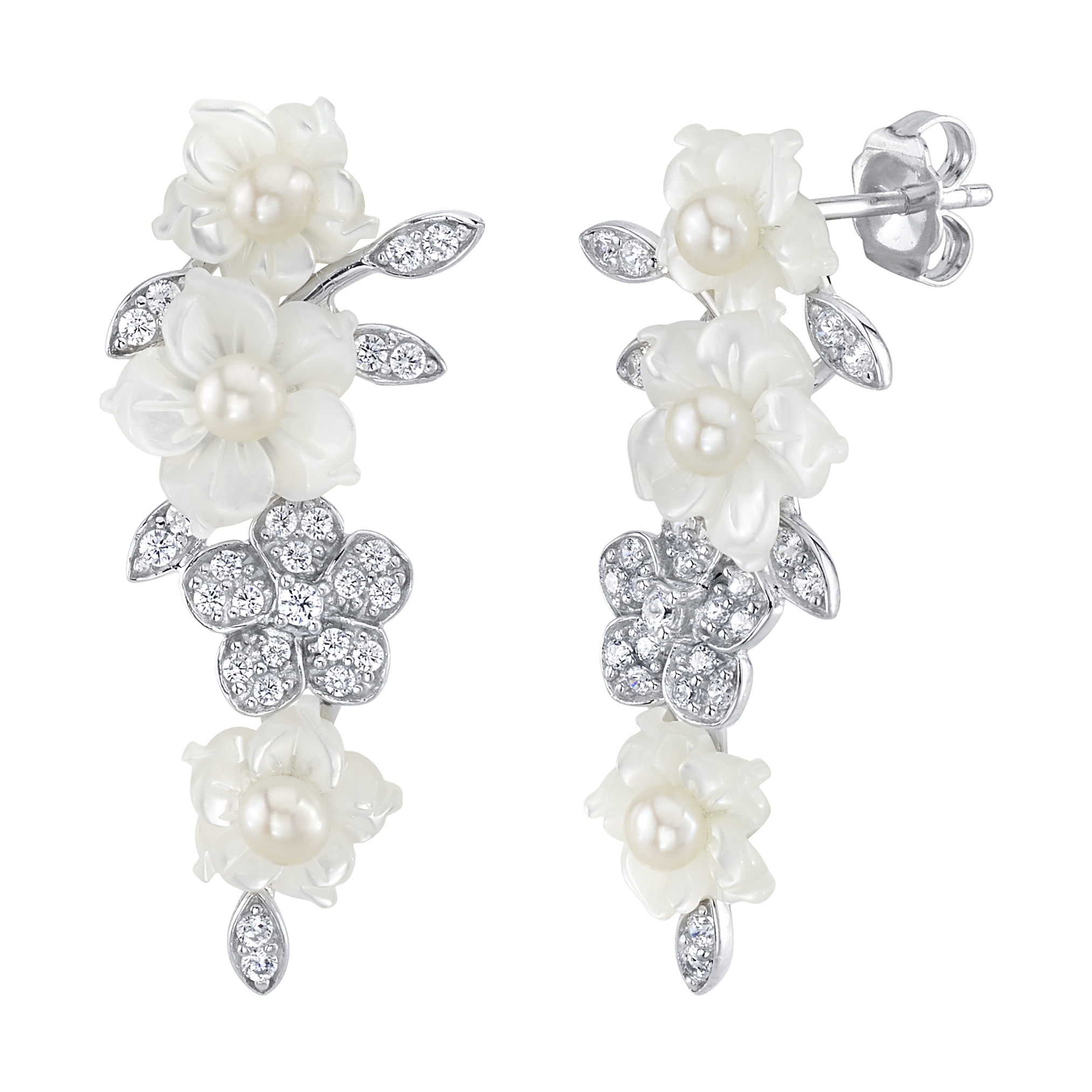 White Freshwater Pearl & Mother of Pearl Flower Magnolia Earrings