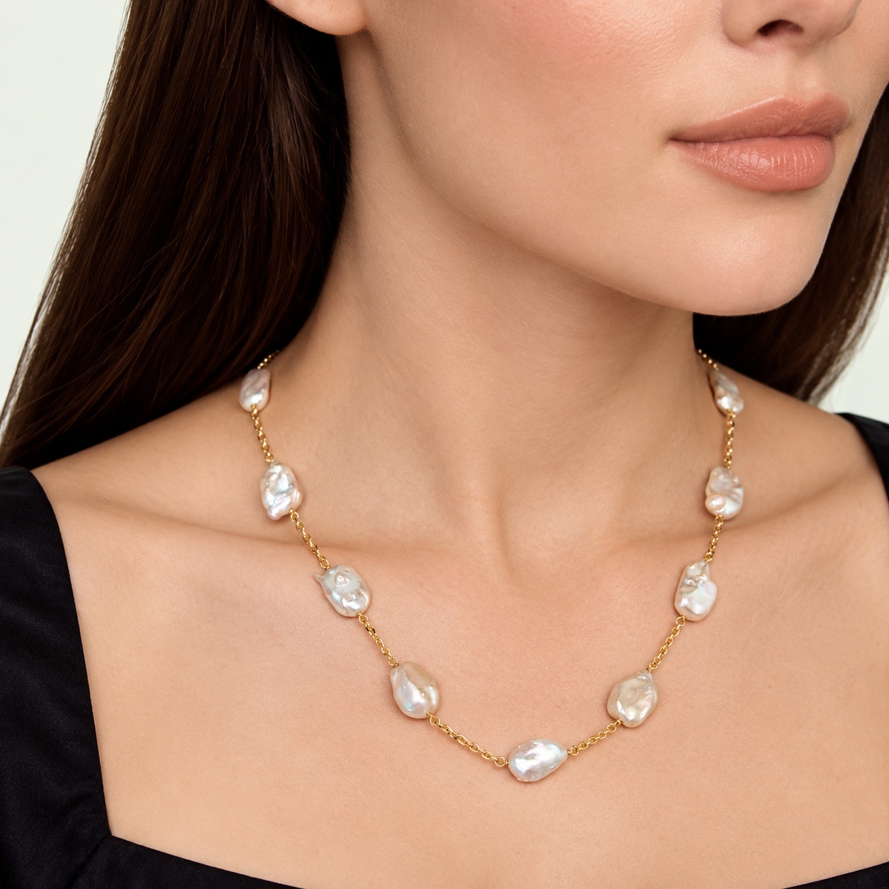 White Freshwater Cultured Keshi Pearl Rhodes Necklace for Women - Model Image
