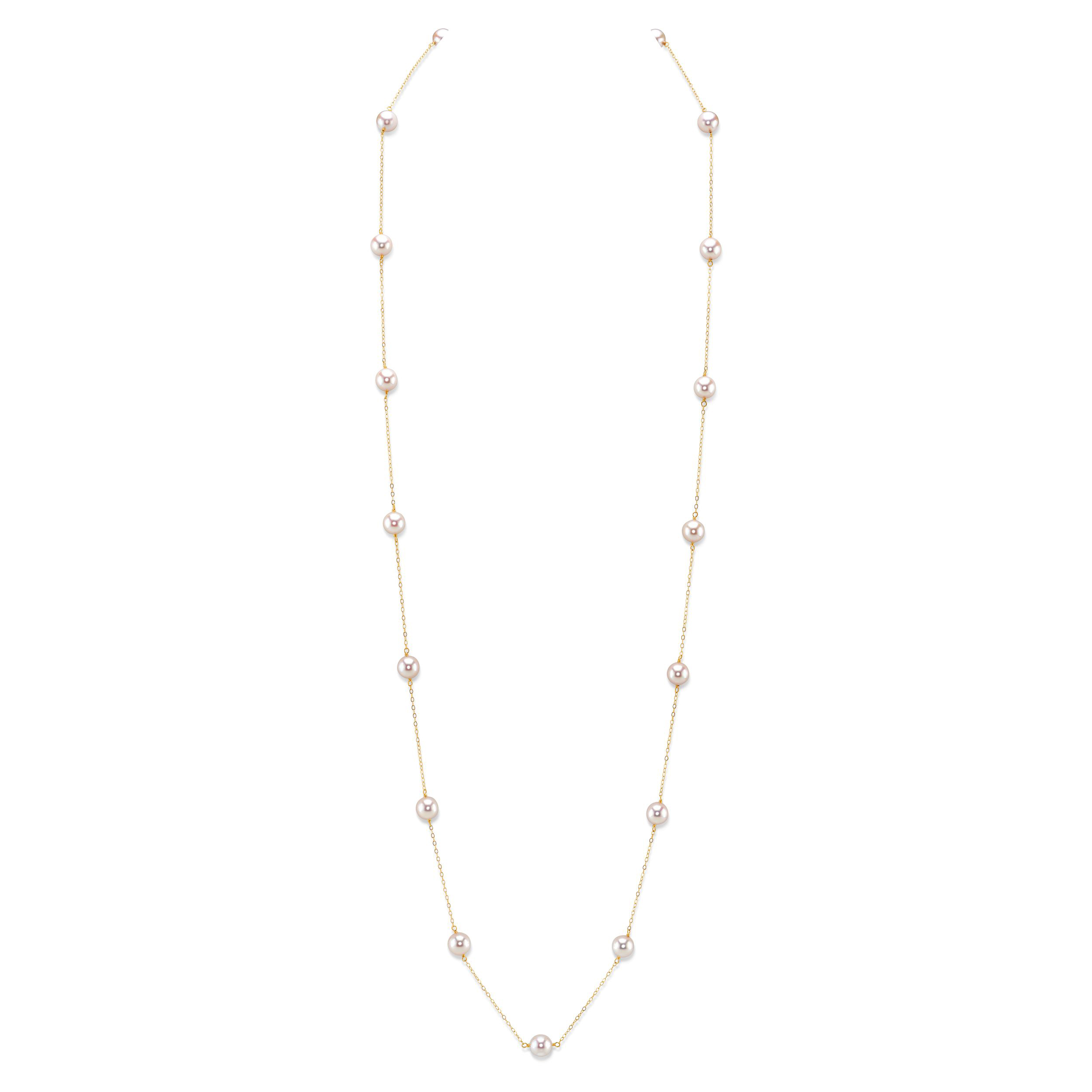 14K Gold Opera Japanese Akoya Pearl Tincup Necklace